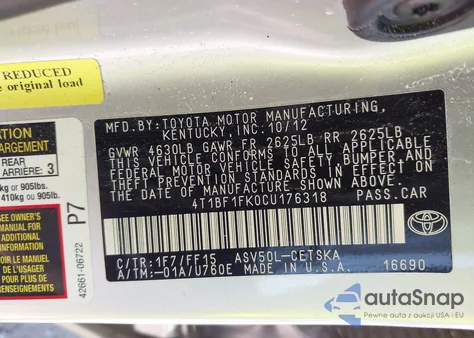 2012 Toyota Camry Se from USA, damaged, VIN 4T1BF1FK0CU176318